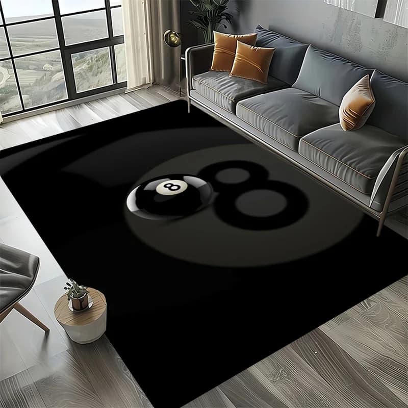 Large Washable Area Rug with Black Pool Ball 8 Design, Non-Slip Sofa Kitchen Toilet Carpet for Living Room Decoration
