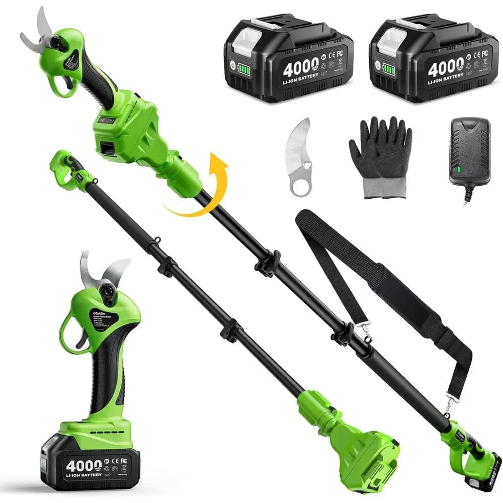 Forbici Elettriche da Potatura 20V a Doppio Uso: Taglio 1.2m, 2 Batterie da 4000mAh, Asta Estensibile, Lama SK5 per la Cura di Alberi e Giardini