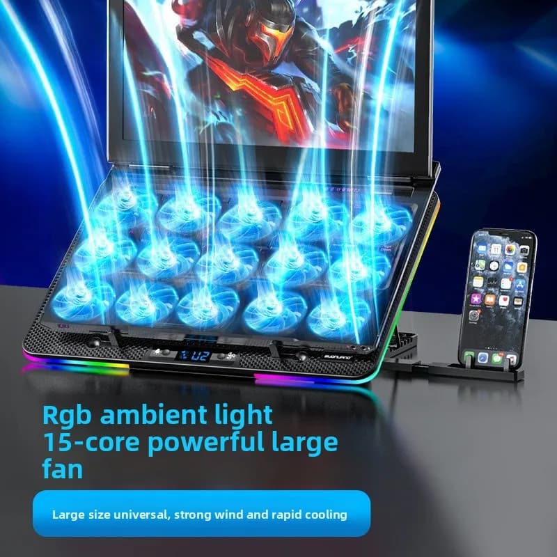15 Fans Laptop Cooling Pad with LCD Speed Display & RGB – Adjustable Stand for Gaming Laptop, Efficient Heat Dissipation