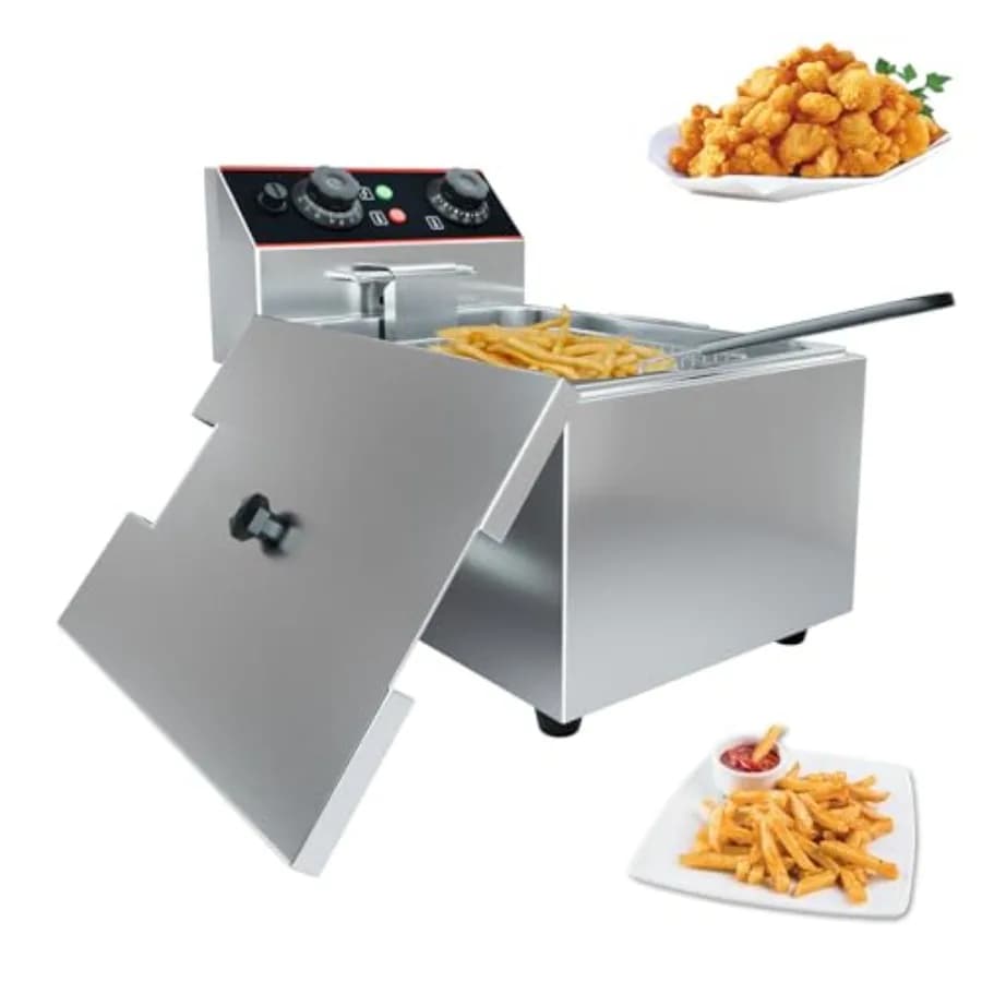 Friggitrice Elettrica Professionale da Banco in Acciaio Inossidabile con Cestello - Friggitrice Commerciale Grande Capacità 6.3 QT/6L con Vasca Olio Inclusa, Funzione Air Fry