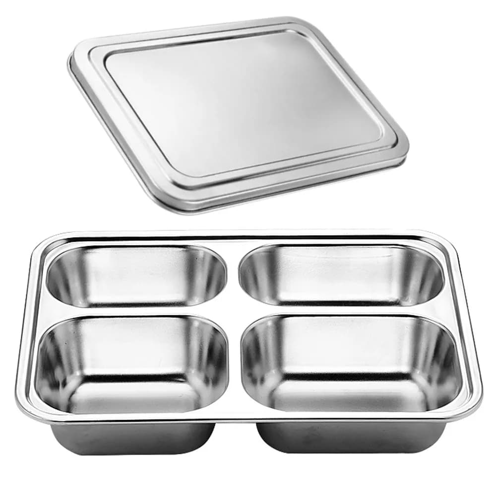 Contenitore per Pranzo in Acciaio Inox Non Tossico, Rettangolare con Coperchio, Vassoio Diviso, Contenitore per Alimenti Rinforzato per Ufficio