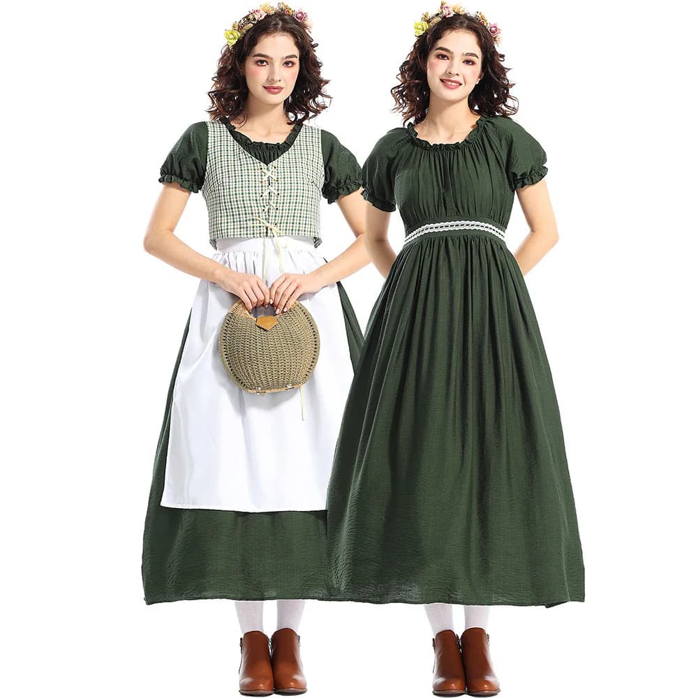 Halloween Pioneer Costume Green Plaid Dress Prairie Colony Medieval Victorian Women's Ethnic Wear Stage Costume Polyester