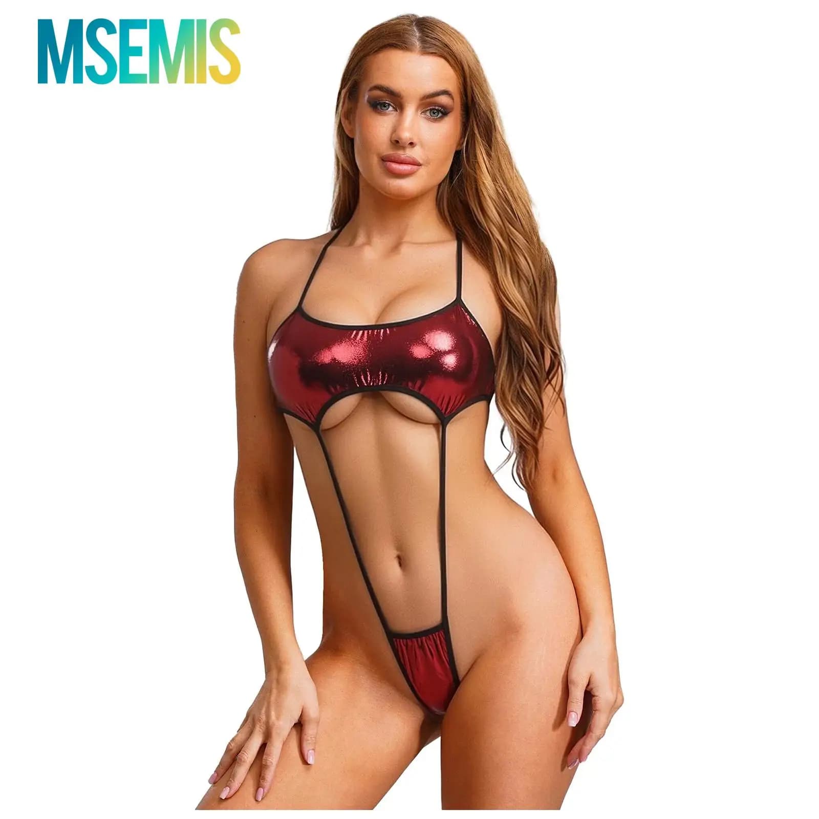 Costume da bagno intero monokini da donna, metallizzato lucido, con stampa divertente di lettere, modello T-back con lacci, stile anime