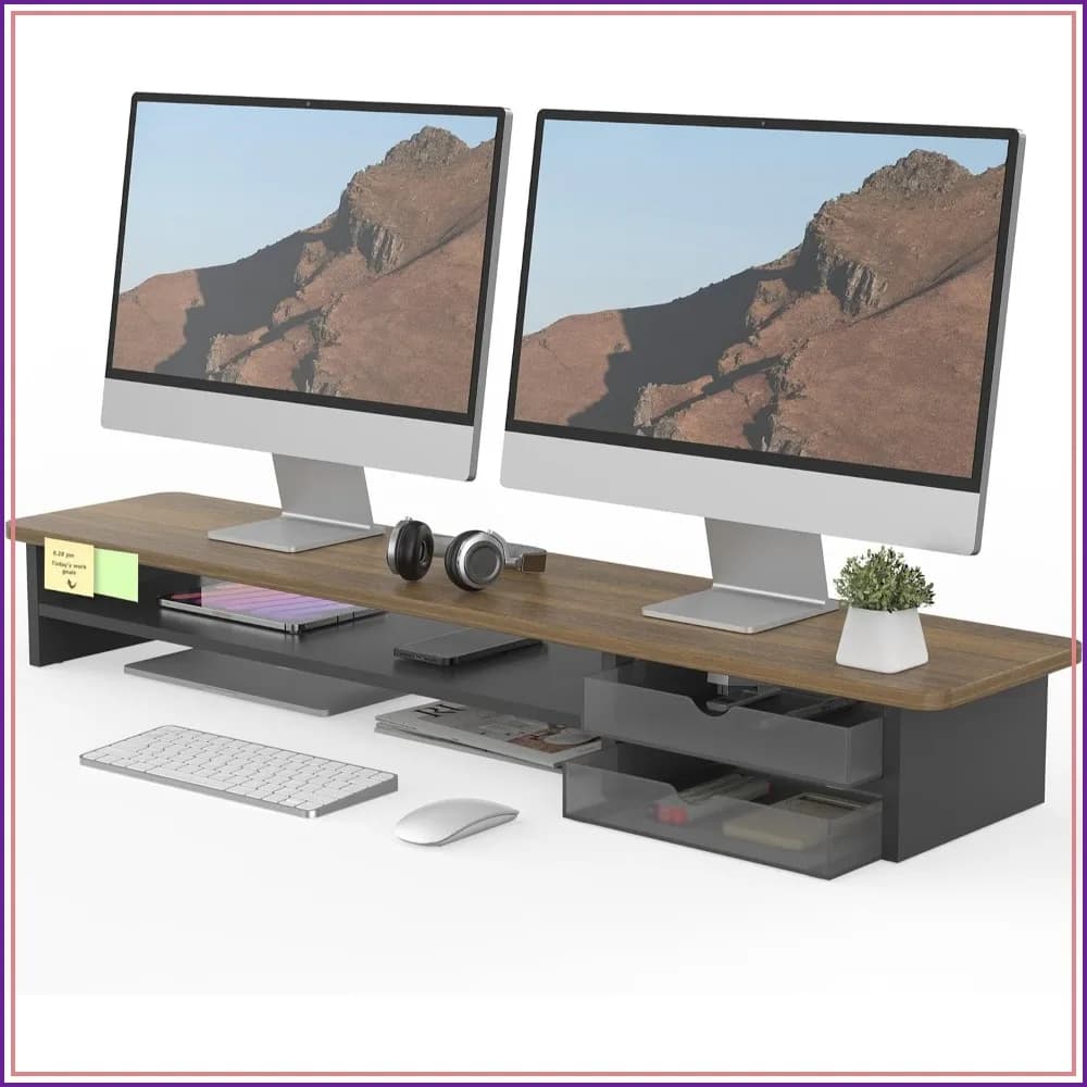 42.5" Dual Monitor Riser with Drawer, Large Computer Stand, 2-Tier Wood & Acrylic Desk Organizer for Laptop, Printer, TV