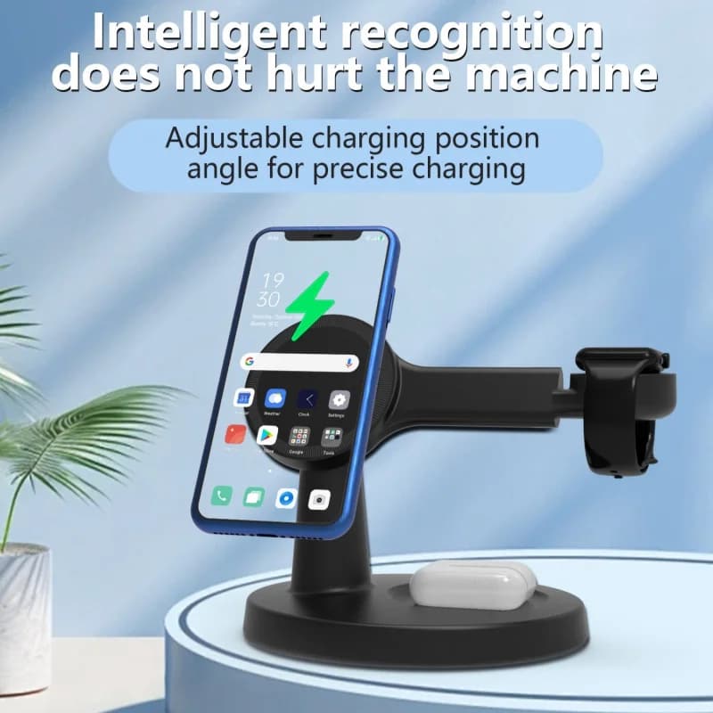 The three-in-one wireless charging stand for mobile phones and headphones offers 15W fast charging and is suitable for IOS watch