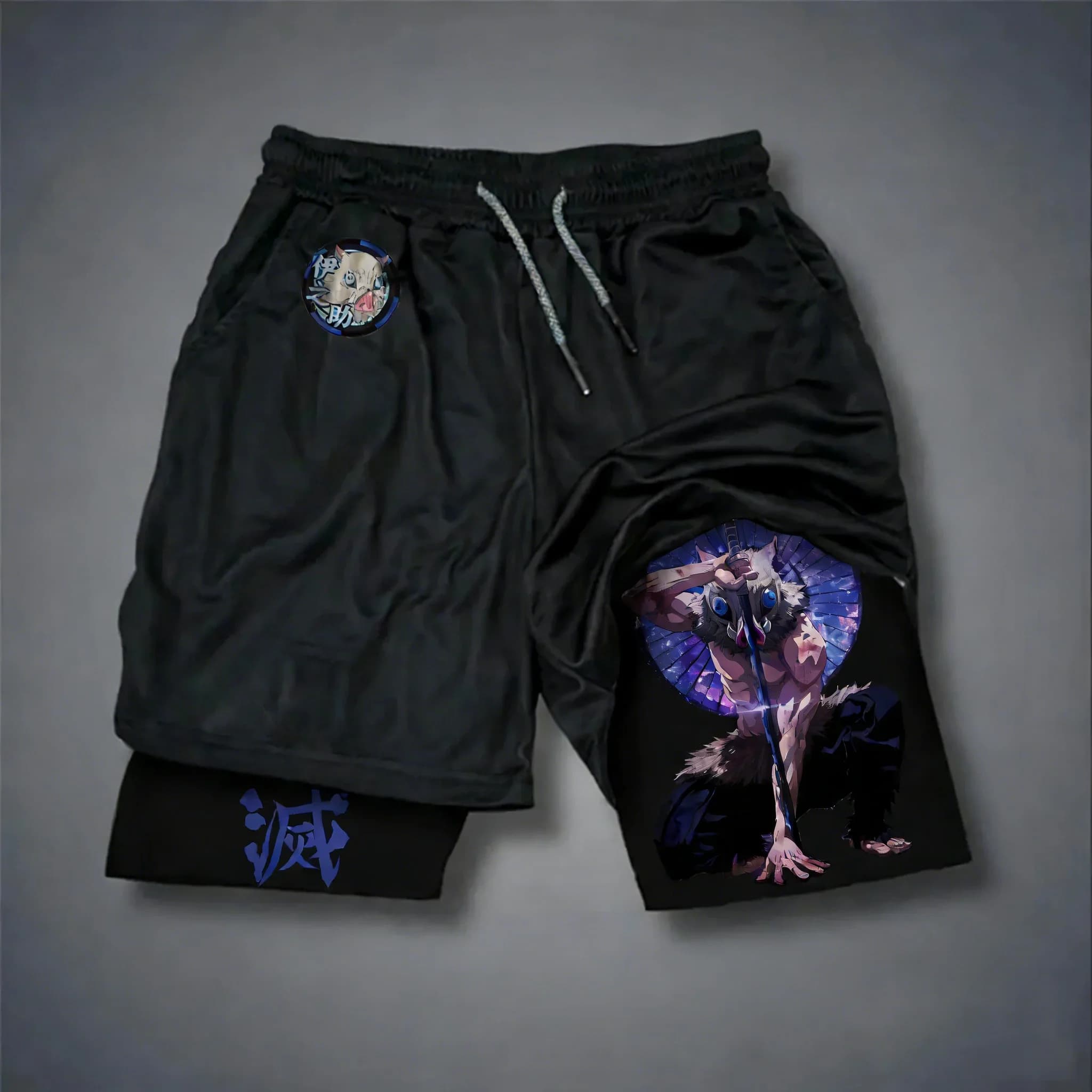 Sport shorts Unisex Demon Slayer 2-in-1 Summers 2026 New with Print Anime Inosuke, Fast drying, Breathable, for Swimming and Fitness
