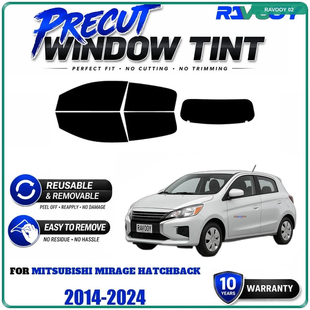 RAVOOY Precut Window Tint, Reusable Removable EPU Film, Custom Fit for Mitsubishi Mirage Hatchback 2014-2024, UV Heat Protection