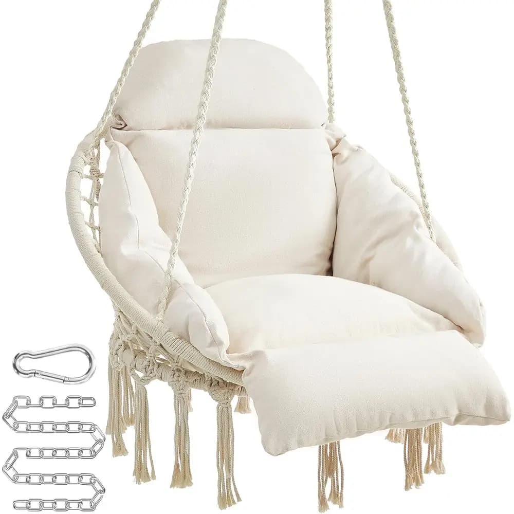 Large upholstered rocking chair for bedroom, patio or garden, can accommodate up to 264 pounds, cream white, accessories included