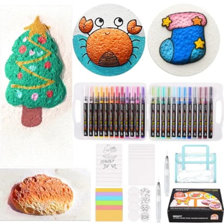 Magic Foam Texture Painting Kit, 56 Pack 3D Art Set with 24 Acrylic Paint Markers, 28 Puffy Texture Paper, 2 Water Brush Pens,