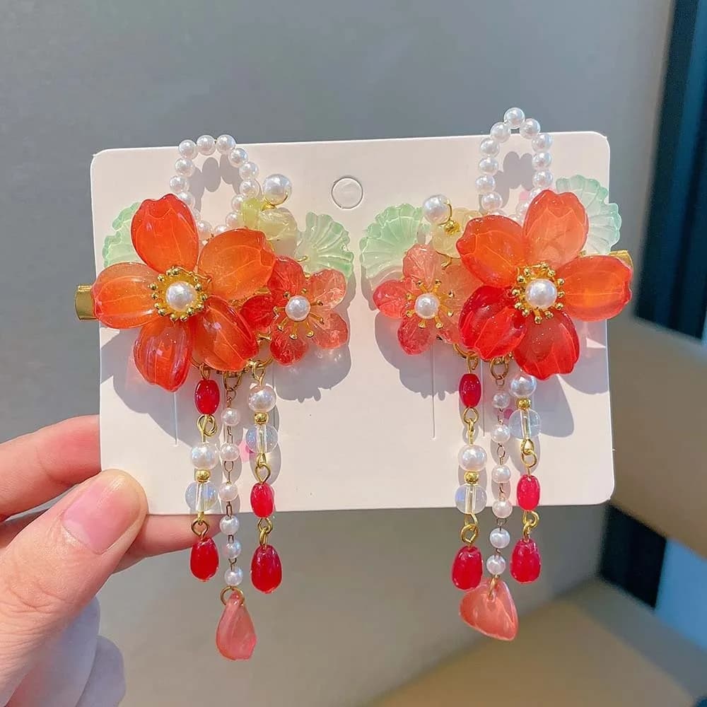 1 Pair Double Clip Hanfu Hair Clips Vibrant Color Secure Grip Pearl Bunny Hair Clips Elegant Design Chiffon Flower