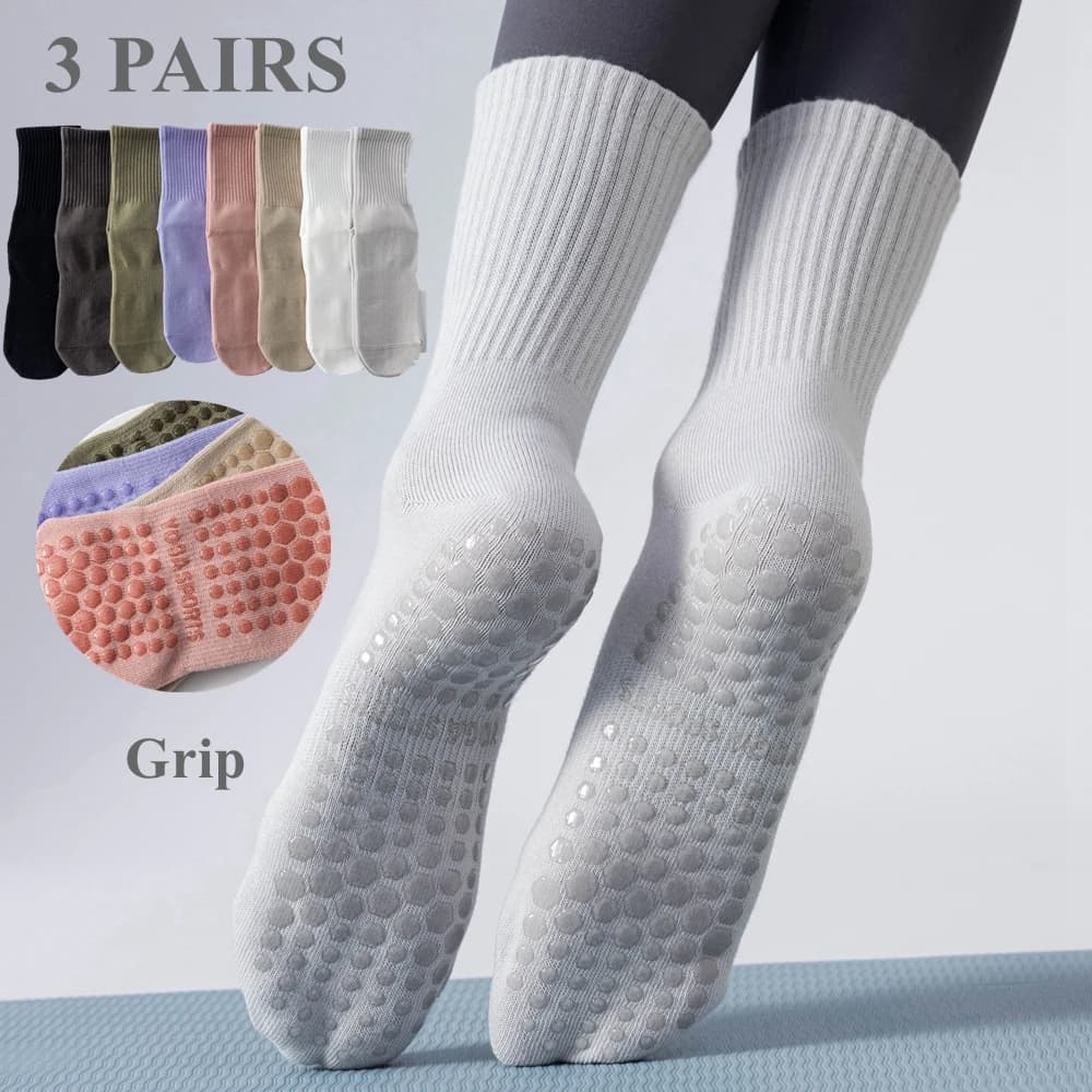 3 Pairs Grip Socks Women Anti-slip Yoga Pilates Socks Middle Tube Fitness Dancing Athletic Socks Non-slip Sports