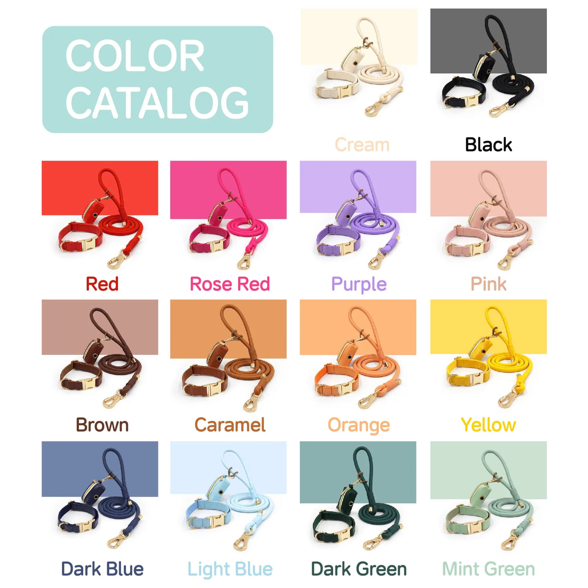 New Laser Carving Leather Pet Dog Collar Leash poop bag set Adjustable Bold Hand Woven Round Rope Strong dogs accessories