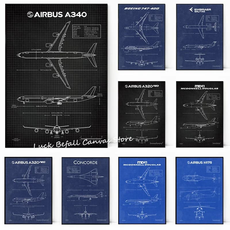 （2D Canvas painting） Air Force Plane Airbus A-340 B-747 Patent Prints Airplane Poster Fighter Blueprint Canvas Painting Wall