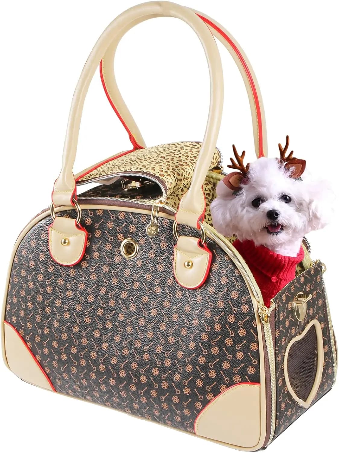 Borsa da trekking per animali domestici in pelle PU per marsupio per cani alla moda Marrone piccola 38x23x17 cm