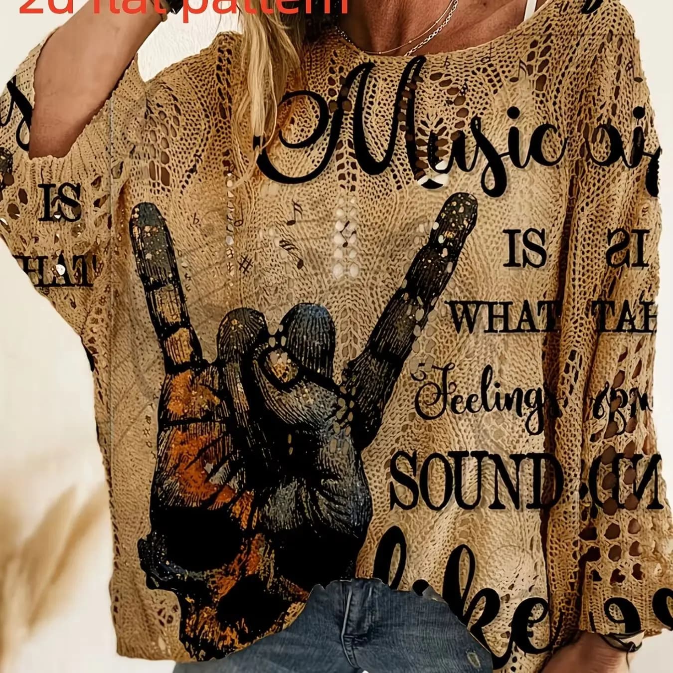 2D Flat Pattern Spring and Summer Fashion New Pullover Three-Quarter Sleeve Hollow-Out Women's Top with Digital Print Trendy Women's Clothing