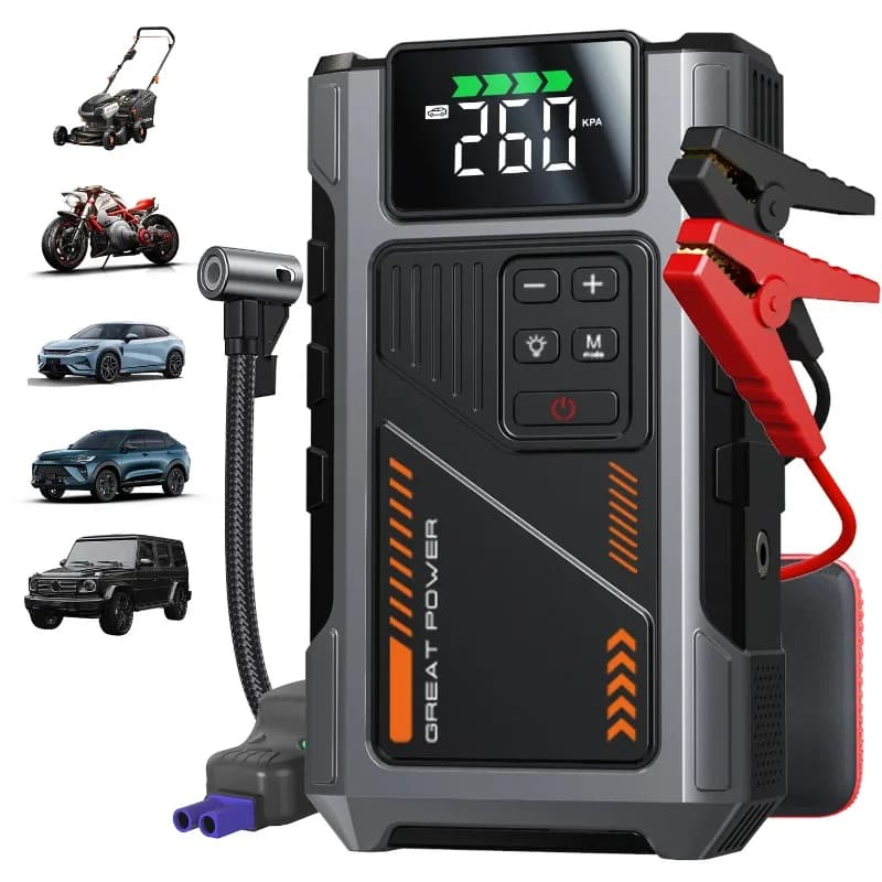 Avviatore di Emergenza Portatile per Auto con Compressore d'Aria, 3000A di Picco (7.5L Benzina, 6.5L Diesel), Batteria Avviatore con Gonfiatore Pneumatici 150 PSI