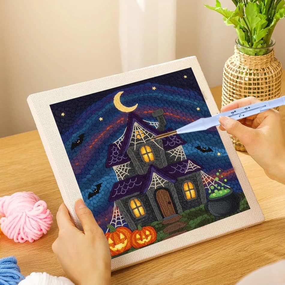 CHENISTORY Halloween Themed Punch Needle Embroidery Kit Haunted House Embroidery Frame Manualidades Sewing Art Craft Painting
