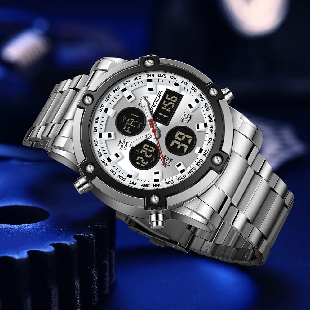 SANDA Fashion Male Analog Digital Sport Wristwatch Military Quartz Watch Men Luminous Waterproof Steel Man Alarm Clock