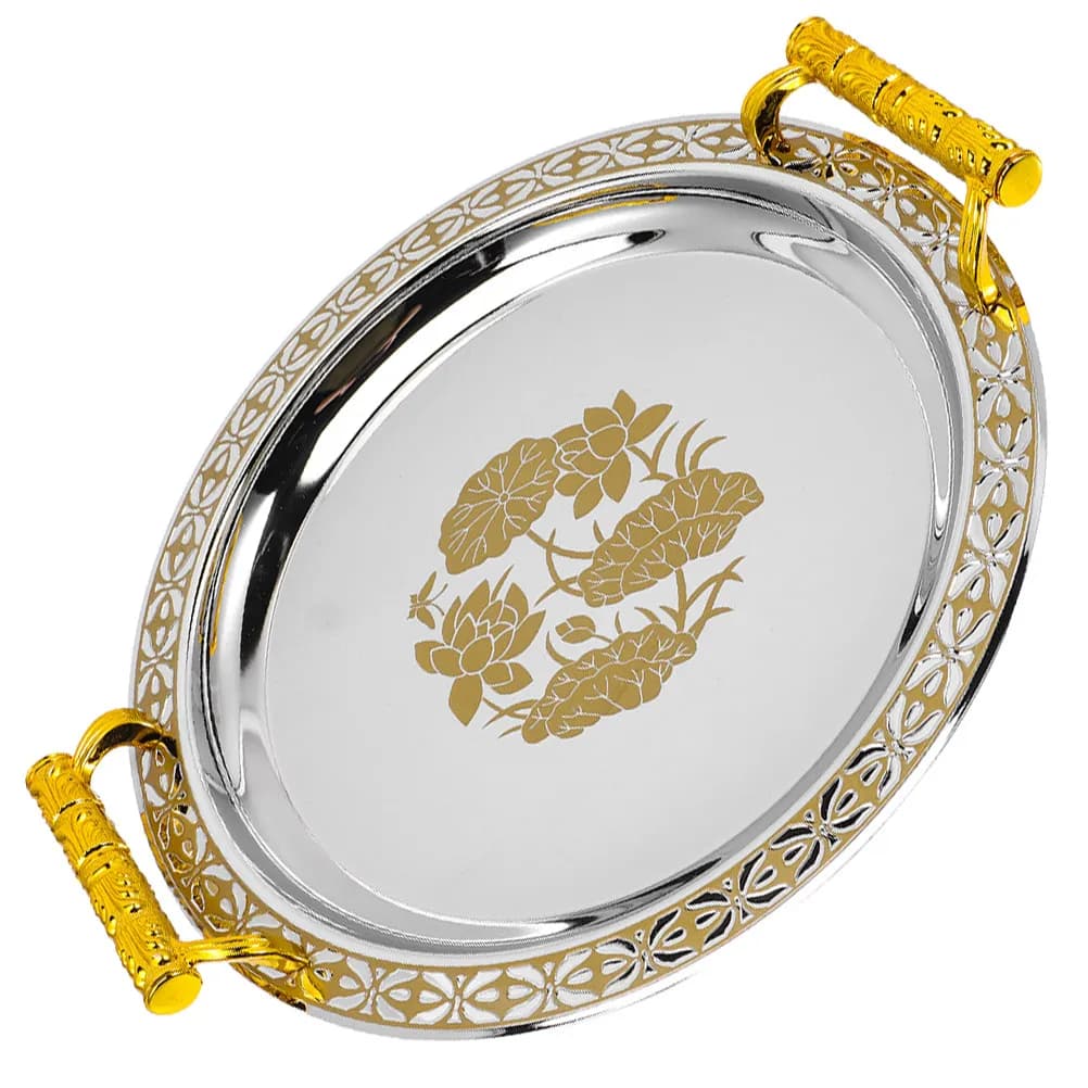 Vassoio Decorativo in Acciaio Inox e Plastica con Motivo Dorato per Caramelle, Snack, Frutta Secca, Noci, Dessert, Piatto Decorativo per Casa
