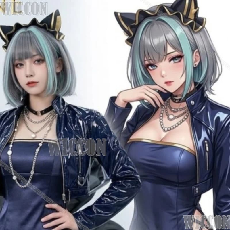 Costume Cosplay Azur Lane Cheshire Daily Dress, Blu e Bianco, con Orecchie da Gatto, Calze Lunghe, Gonna in Pizzo, Papillon e Coda - Natale Carnevale