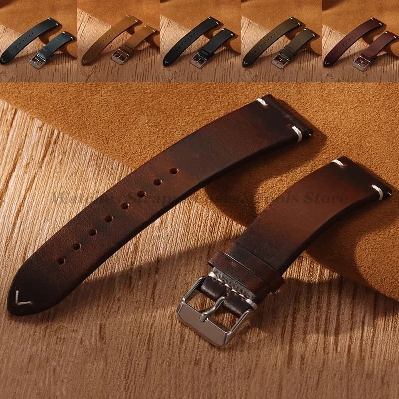 Genuine Handmade Retro Veal Leather Strap with Oil Wax 18mm 19mm 20mm 21mm 22mm 24mm Women's Quick Release Women's Watch Accessories