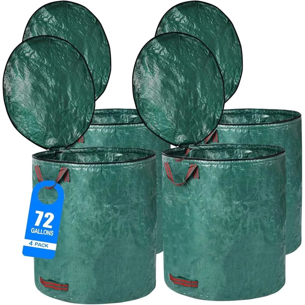 Confezione da 4 Sacchi per Rifiuti da Giardino Riutilizzabili da 72 Galloni con Coperchio, Sacchi Extra Large per Erba e Foglie, Resistenti con 4 Maniglie, Contenitori per Rifiuti da Giardino