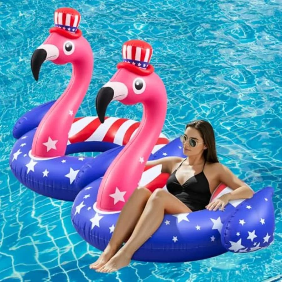 Confezione da 2 galleggianti gonfiabili a forma di fenicottero con bandiera americana, 45 pollici, rosso bianco blu, in PVC, resistente ai raggi UV, per il 4 luglio sul lago B