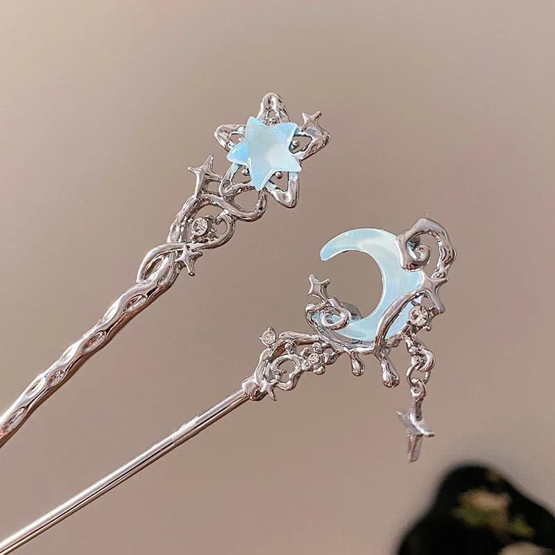 Romantic Moonstone Star Moon Hair Stick Metal Branch Hairpin Fork Chinese Style Hair Accessories for Girls Jewelry
