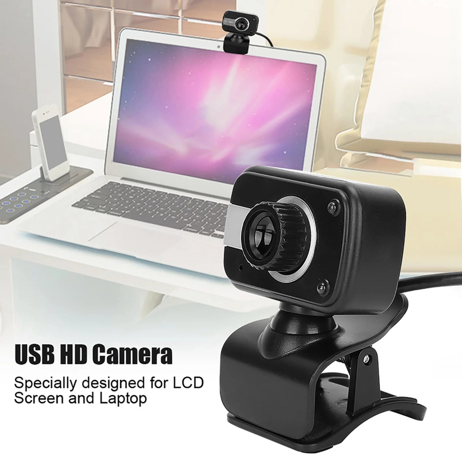 Webcam USB da Scrivania con Microfono, 0.3MP, Rotazione a 360 Gradi per Schermo LCD e Laptop, Compatibile con MSN / ICQ, Visione Notturna