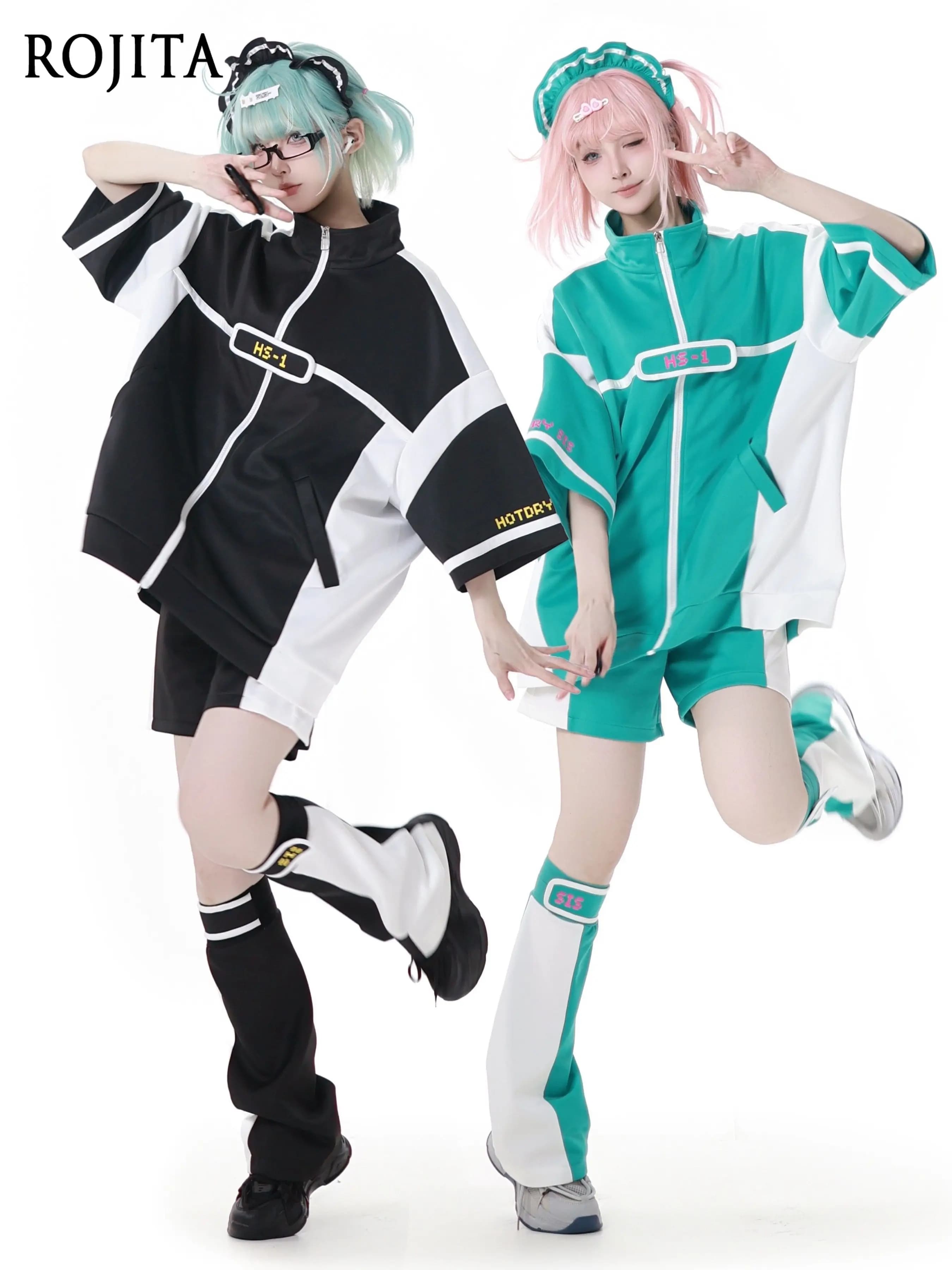 Set of original Japanese anime sportswear, spring and summer clothing for women, green and white short sleeve jacket