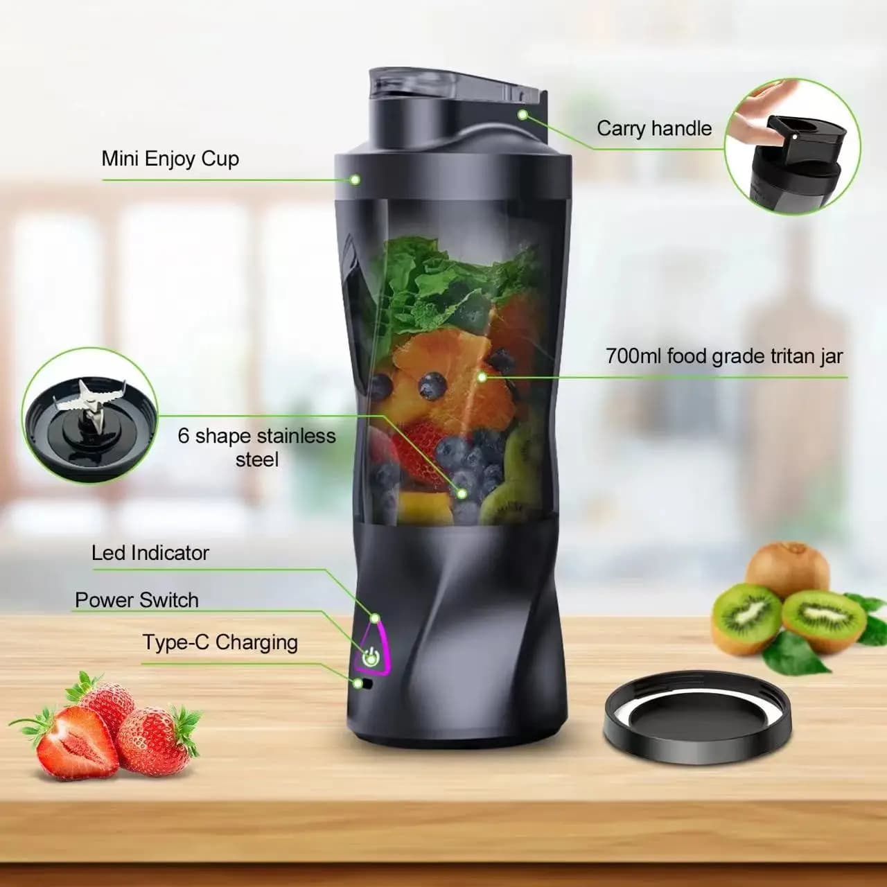 Frullatore elettrico portatile da 700 ml per frutta fresca, mixer multifunzionale ricaricabile tramite USB, frullatore per frullati, tazza per miscelare da esterno
