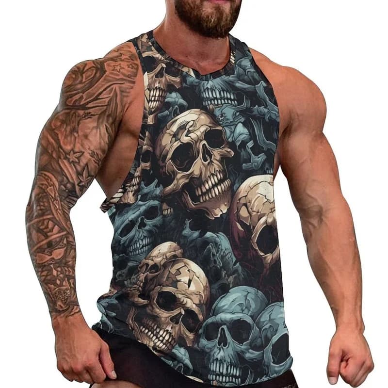 Canotte con teschio mimetico stampato in 3D per uomo Canotte con motivo scheletro colorato T-shirt estive allentate sportive da strada O-Collo Vest Top casual