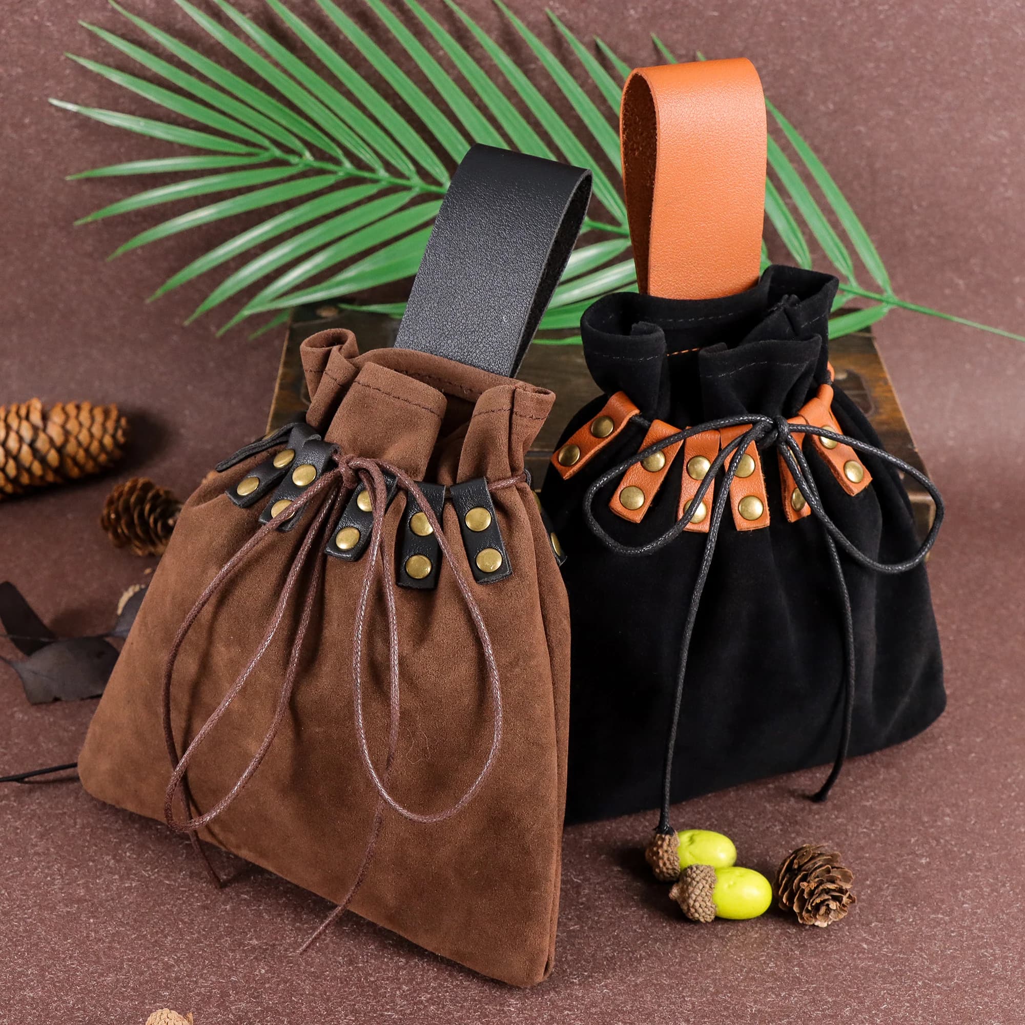 Vintage medieval synthetic leather case, portable coin purse of the Middle Ages, belt bag with rivets for LARP Ren Faire