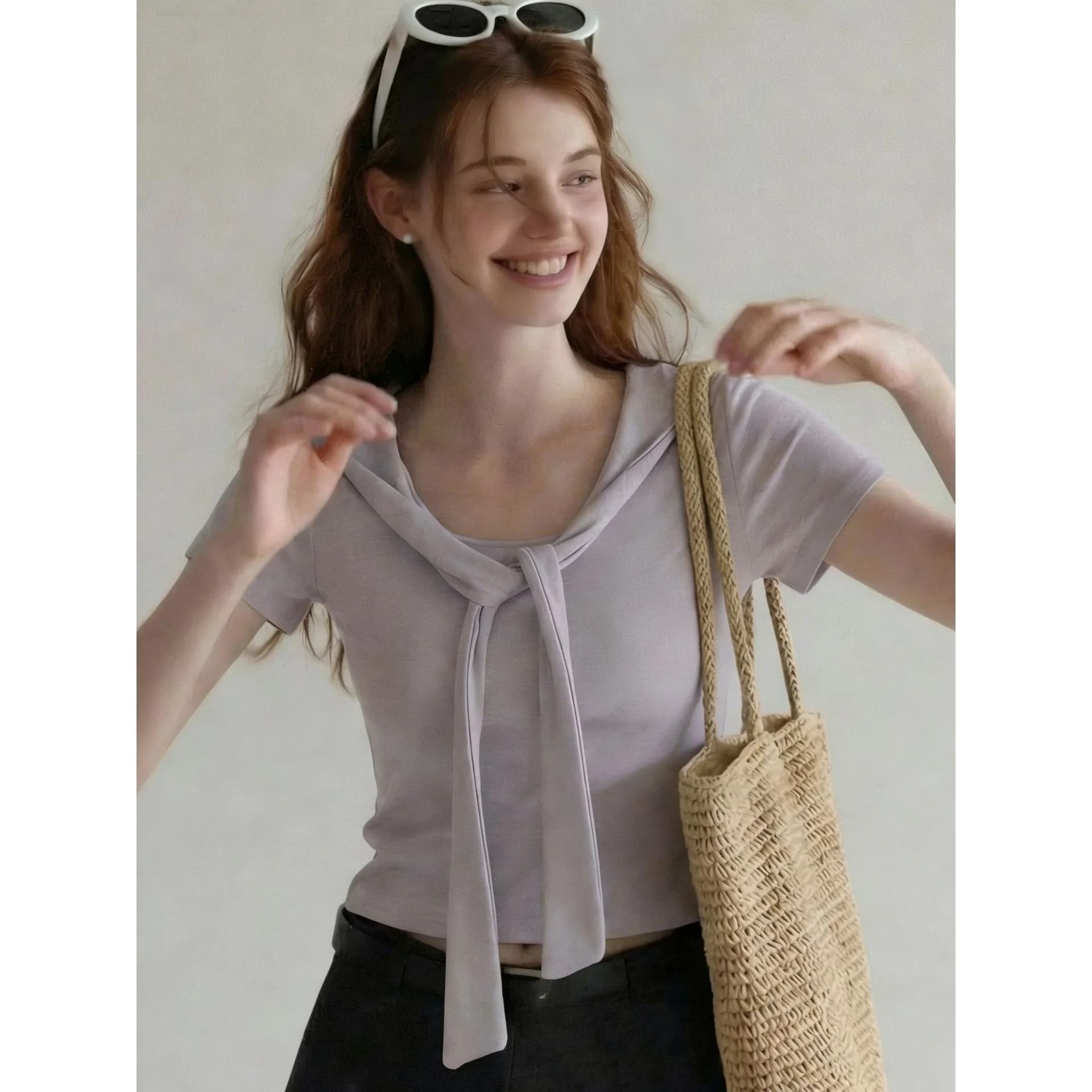 Women's Slim Fit Short Sleeve T-Shirt with Sash Shoulder Collar Design Summer Fashion Casual Comfortable Breathable Top