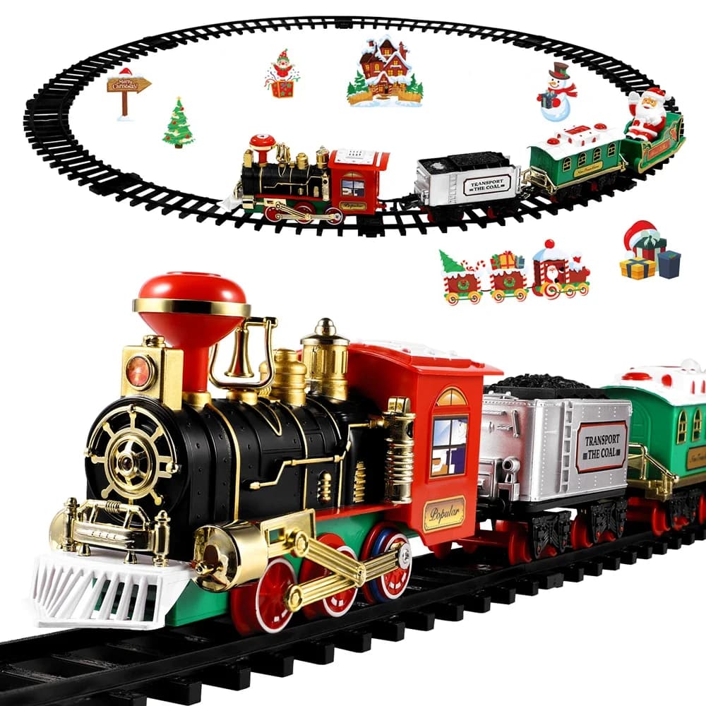 Set di treni natalizi Mini locomotiva festosa modello con luci Suono Acqua Vapore Kit ferroviari Tracce elettriche Giocattoli Regalo per bambini