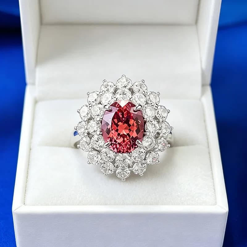New Luxury white gold solid platinum PT950 Padparadscha 8*10mm oval ring for women heavy industry double layer luxury