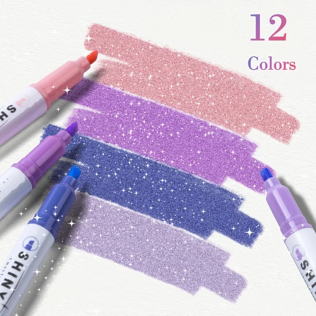 12 pennarelli evidenziatori glitter lucidi, penne colorate fluorescenti al neon e scintillanti per materiale scolastico, cancelleria