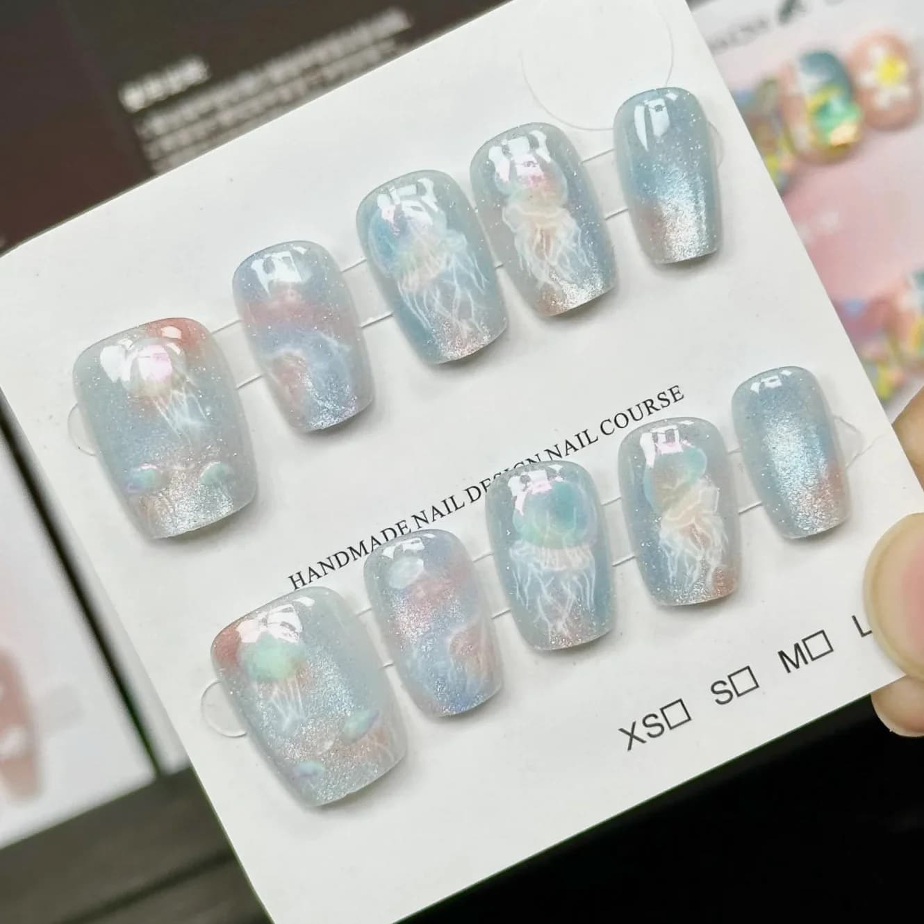 10 pcs women color dreamy jellyfish handmade cat eye press on nails detachable wearable girls art kawaii blue fingernails fake