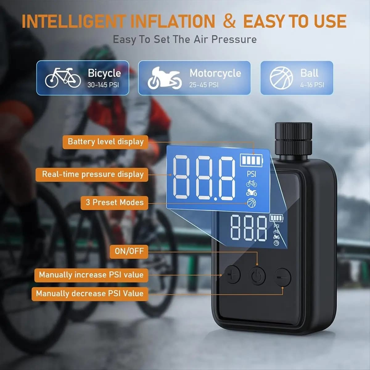 (ABHW) Pompa Elettrica Portatile per Bicicletta, Compressore d'Aria Wireless, Gonfiatore per Biciclette con Manometro per Valvole Presta e Schrader