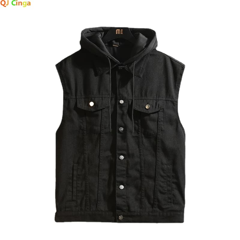 2026 Primavera/Estate Autunno Gilet di jeans da uomo Giacca Adolescenti Nero Per il tempo libero Gilet con cappuccio Cappotto Gilet taglie forti M-5XL