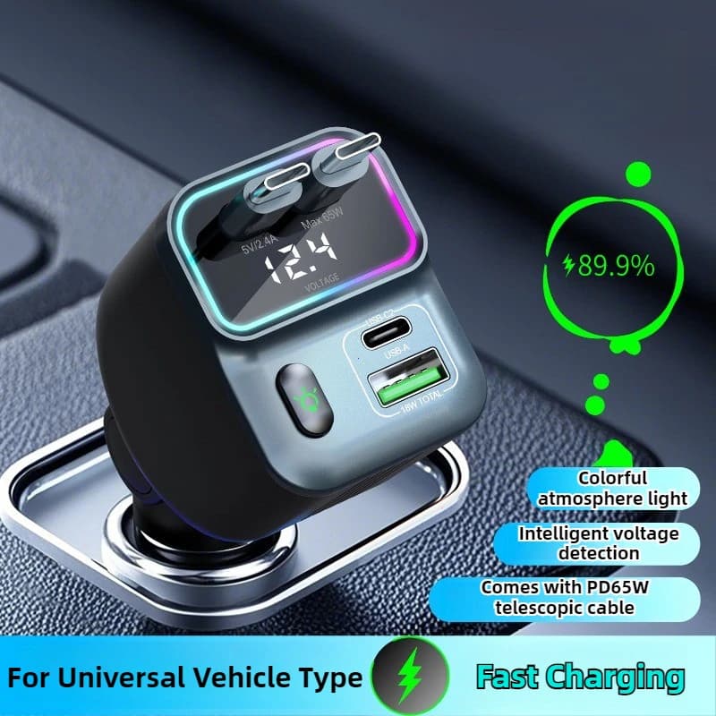 Caricabatterie per Auto 4in1 Scalabile con Cavo Retrattile da 72W, Porta USB PD65W, Adattatore Tipo-C Compatibile
