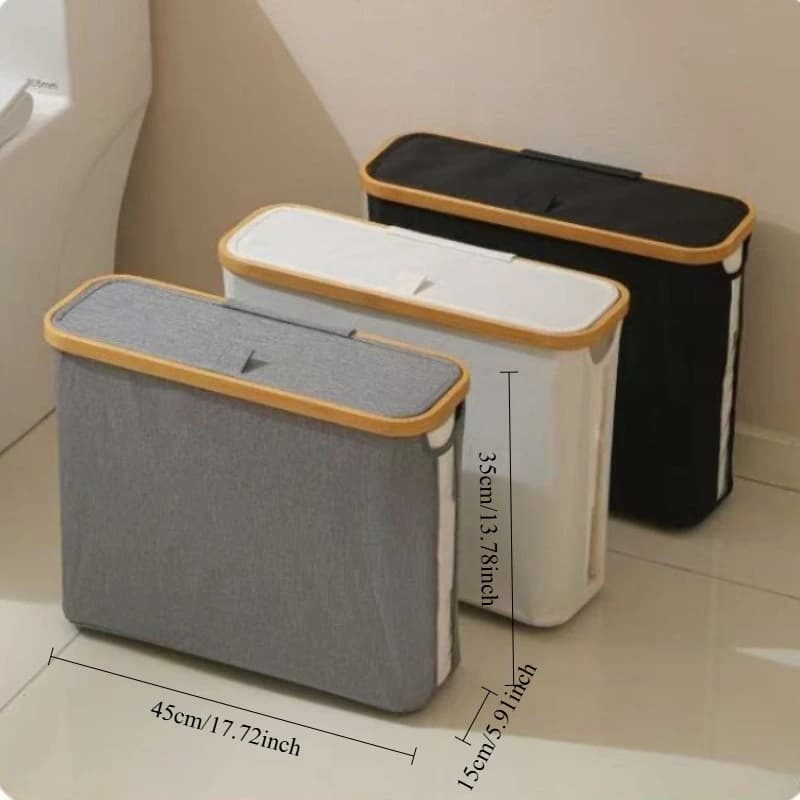 Toilet Paper Holder Foldable With Lid Large Capacity Space Saving Bathroom Organizer Durable Wood Frame Gray Fabric JJ2070CD
