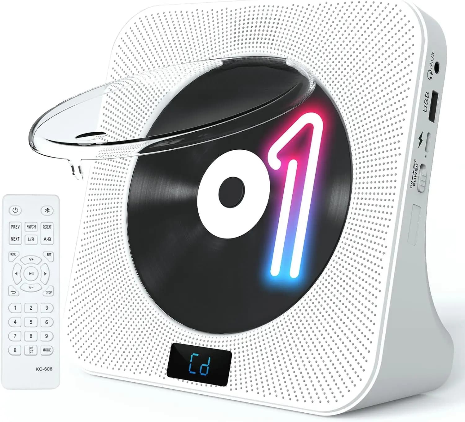 Portable CD player with Bluetooth, HiFi speakers, FM radio, remote control, LED display - white, supports CD/USB/Bluetooth/AUX