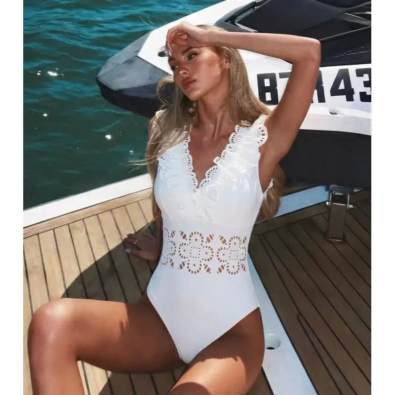 Flaxmaker 2026 Summer Solid Swimsuit And Skirt Women V Neck Sleeveless Ruffle White Laser Cutting Flower Hollow Swimsuit Set