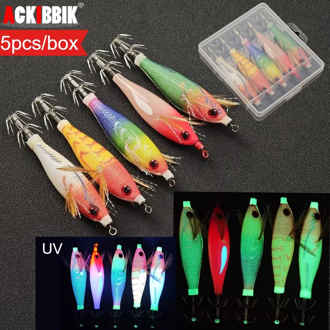 Set of 5 horizontal UV artificial baits for squid with tool box, 8 cm, fluorescent light, for sea fishing, shaped like wooden shrimp, for sepia and squid