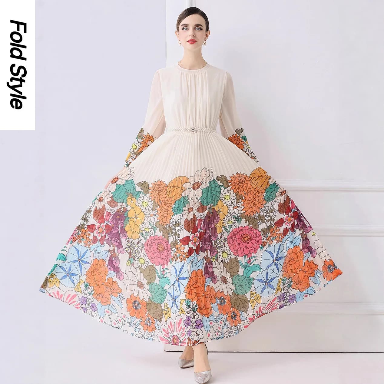 Miyake Allentato Girocollo Moda Abito Lungo Pieghettato Abito da Donna Grande Pendolo Stampato 2025 Autunno e Inverno Nuovo