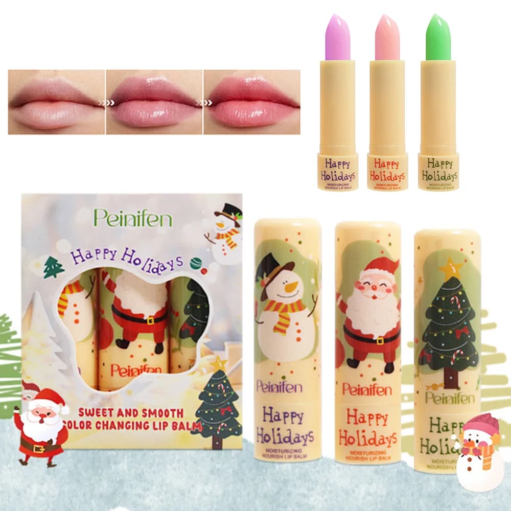 Christmas 3-Pack Color-Changing Lip Balm Set, Hydrating, Moisturizing for Diminishing Lip Lines, and Exfoliating Dead Skin