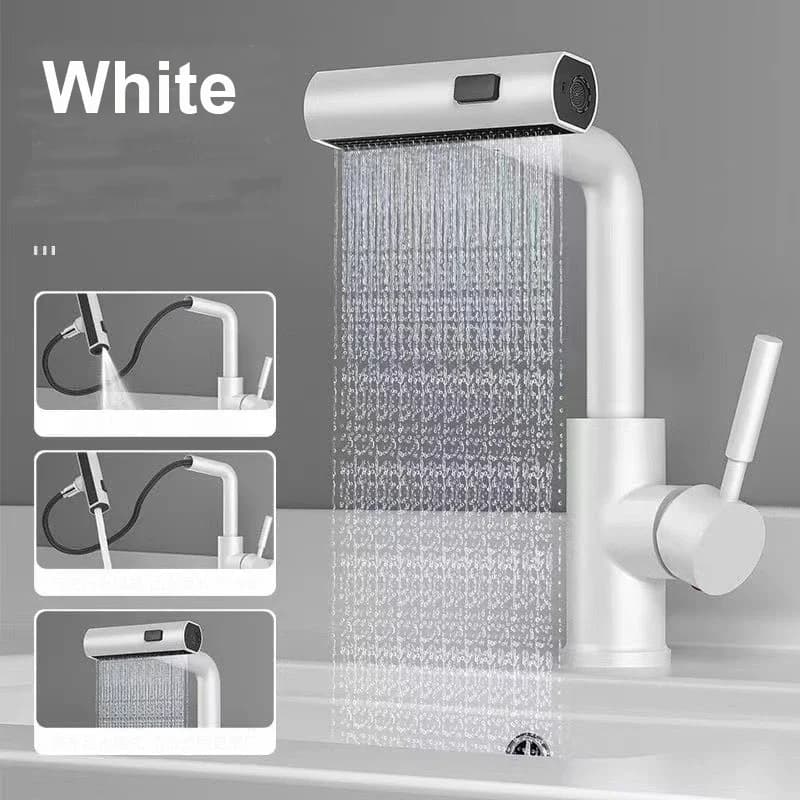 White Bathroom Washbasin Faucet Sink Faucet Pull Out Waterfall Stream 3 Way Sprayer Hot Cold Water Sink Mixer Wash Tap
