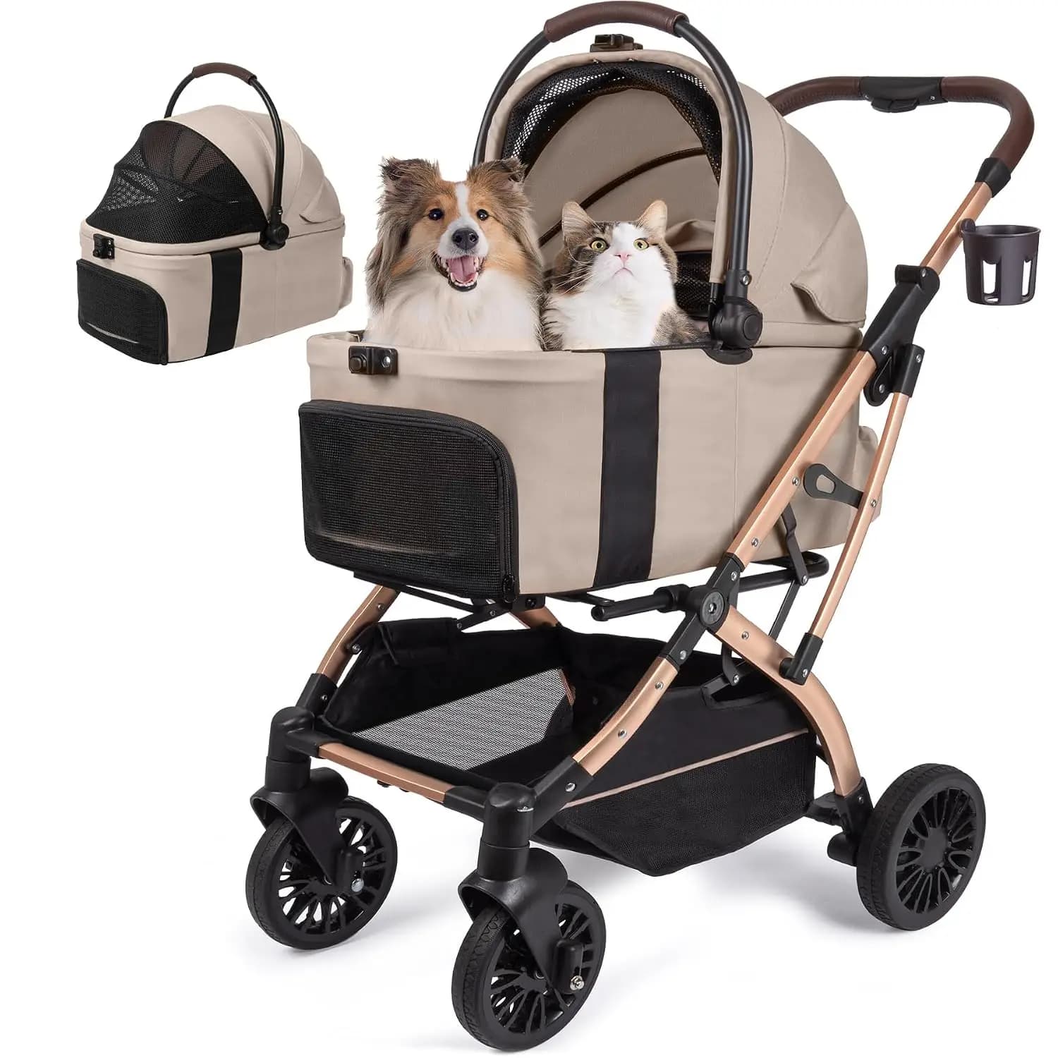 Small Dog Stroller, 5-in-1 Foldable Pet Stroller for Small Dogs Cats | 10-20 lbs - 1-Click Fold Without Detaching Carrier, Remov