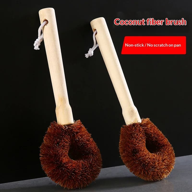 Wooden Handle Coconut Palm Pot Brush Coating Safe Grease Removing Durable Kitchen Cookware Pan Dish Washing Cleaning Scrub Tool